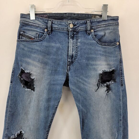 Diesel Jeans Mens 30x32 Thommer Slim Skinny Very Distressed Holes Rock And Roll - Picture 2 of 14